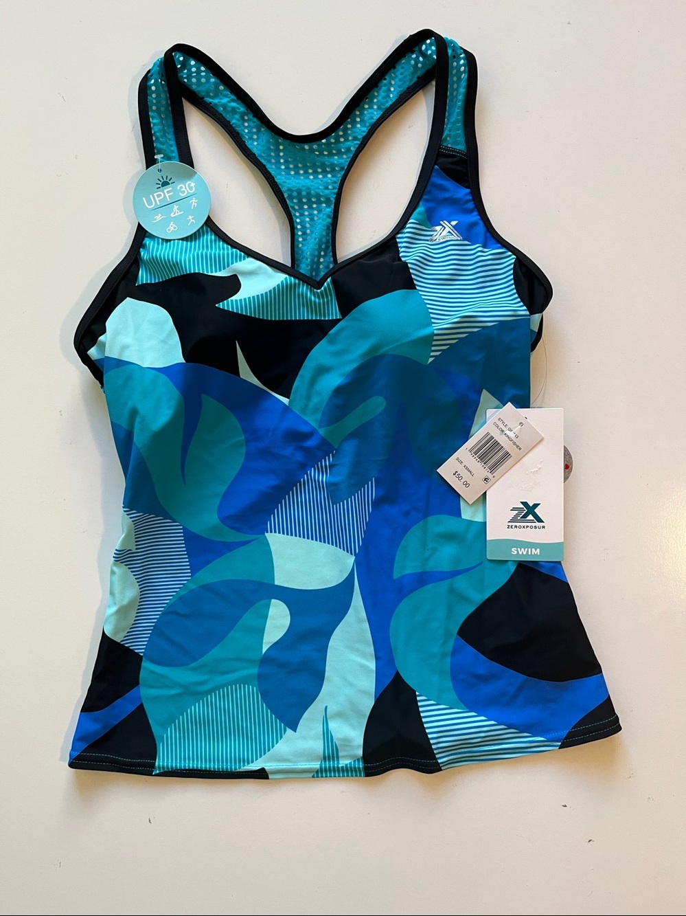 ZeroXPosur Women’s Blue Teal Pattern Raceback Swim Tankini Top Size XS UPF 30